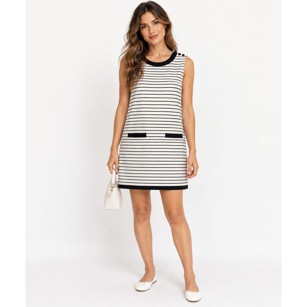 Zara Basic Womens S Black White Striped Sleeveless Knit Shift Dress Nautical